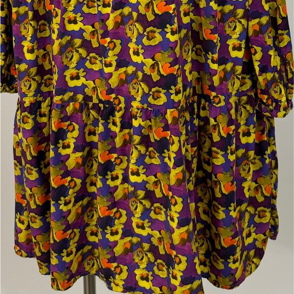 0039 Italy Button-Down Shift Shirt Dress Floral Purple Yellow XS Oversized - Picture 8 of 10
